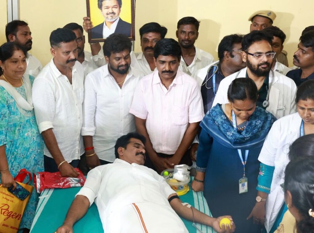 CTR Nirmal Kumar donates blood at a blood donation camp in Madurai