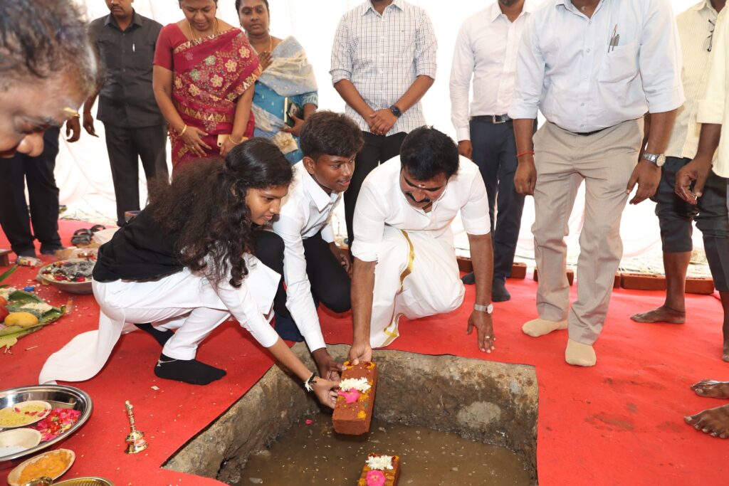 CTR Nirmal Kumar lays the foundation stone for the new student hostel building at the Tamil Nadu Dr Ambedkar Law University Perungudi campus