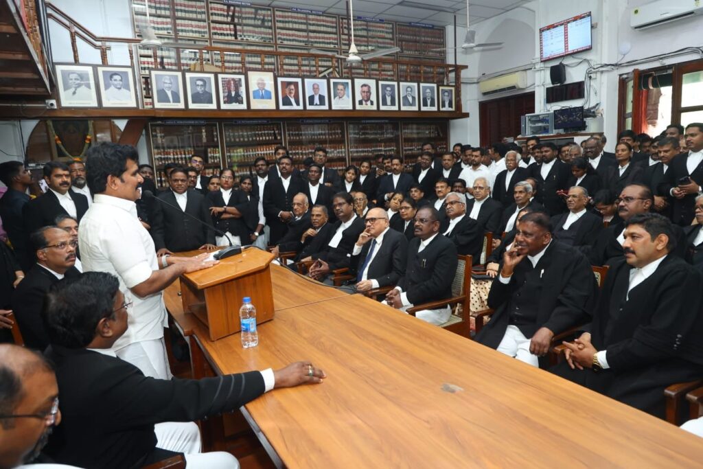 CTR Nirmal Kumar interacts with lawyers and senior legal professionals at the Madras Bar Association reception in Chennai